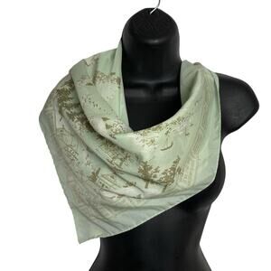 Vintage Asian Landscape Scarf 26" Square Green Hand Rolled Robinson Golluber
